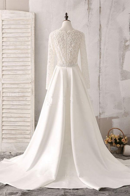 Lace and Satin V-neck Long Sleeve Beaded Wedding Dress