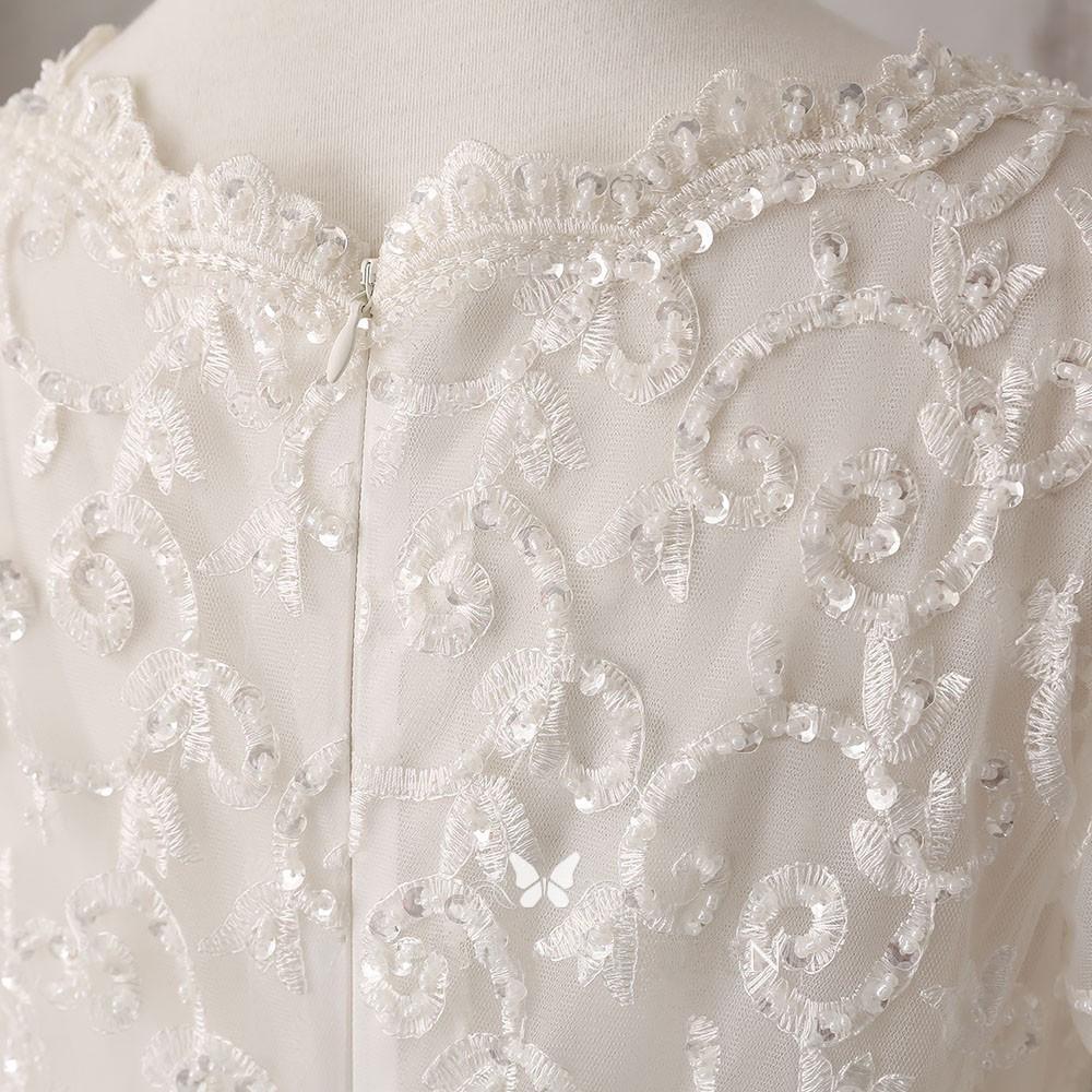 Lace and Satin V-neck Long Sleeve Beaded Wedding Dress