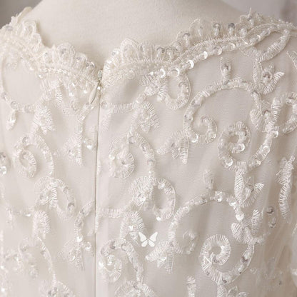 Lace and Satin V-neck Long Sleeve Beaded Wedding Dress