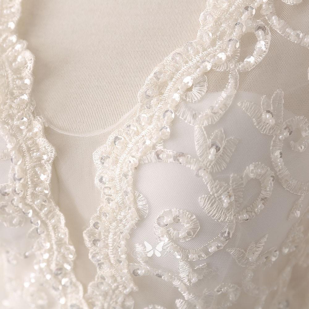 Lace and Satin V-neck Long Sleeve Beaded Wedding Dress