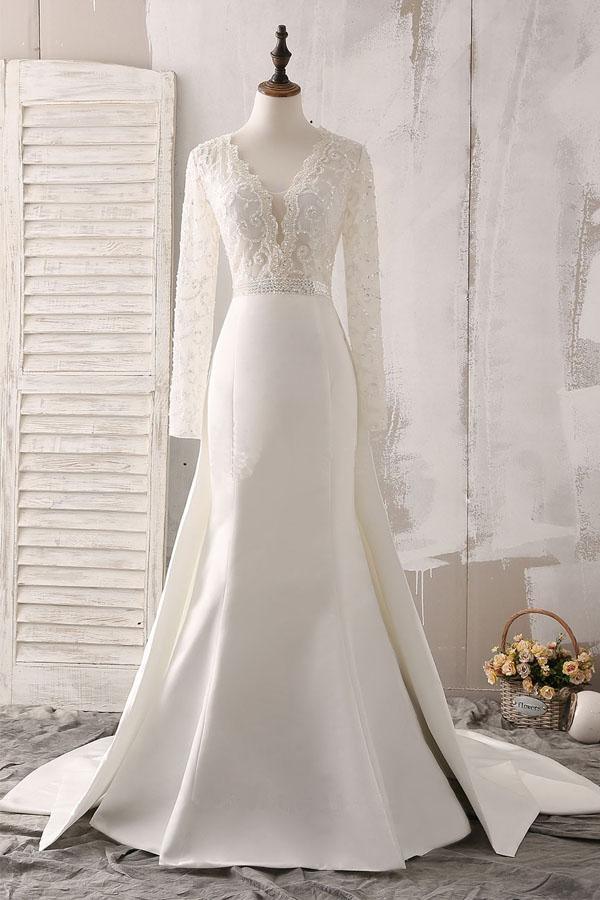 Lace and Satin V-neck Long Sleeve Beaded Wedding Dress
