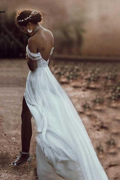 Lace Off The Shoulder Backless Chiffon Split Wedding Dresses