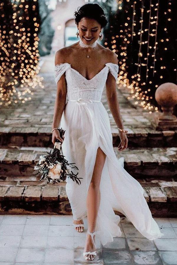 Lace Off The Shoulder Backless Chiffon Split Wedding Dresses