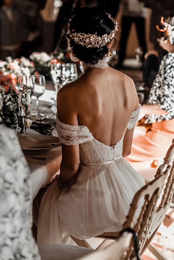 Lace Off The Shoulder Backless Chiffon Split Wedding Dresses