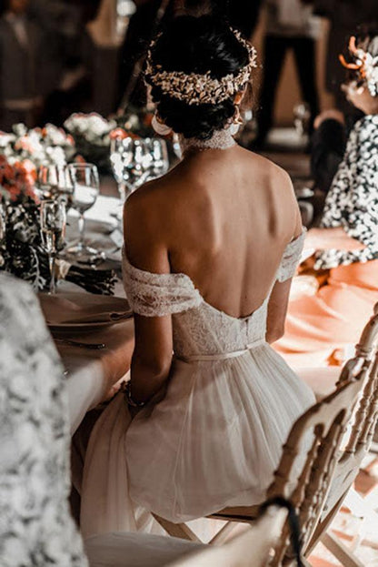Lace Off The Shoulder Backless Chiffon Split Wedding Dresses