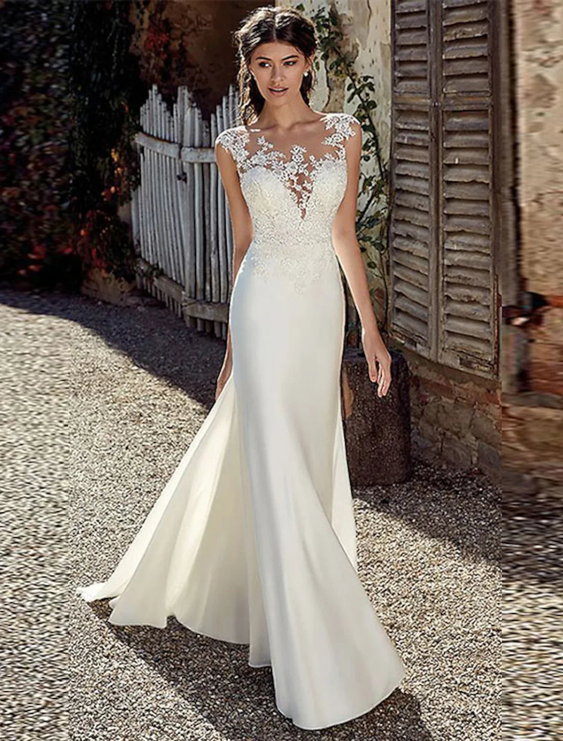 Formal Charming  Open Back Wedding Dresses Mermaid / Trumpet Illusion Neck Cap Sleeve Court Train Chiffon Bridal Gowns With Appliques