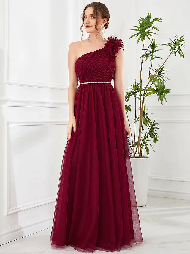 A-Line Prom Dresses Vintage Dress Wedding Party Floor Length Sleeveless One Shoulder Tulle with AppliquesA-Line Prom Dresses Vintage Dress Wedding Party Floor Length Sleeveless One Shoulder Tulle with Appliques