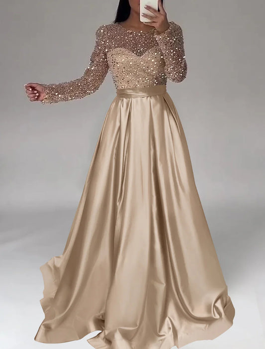 Glitter Sparking Evening Gown Floor Length Long Sleeve Jewel Neck Satin with Sequins