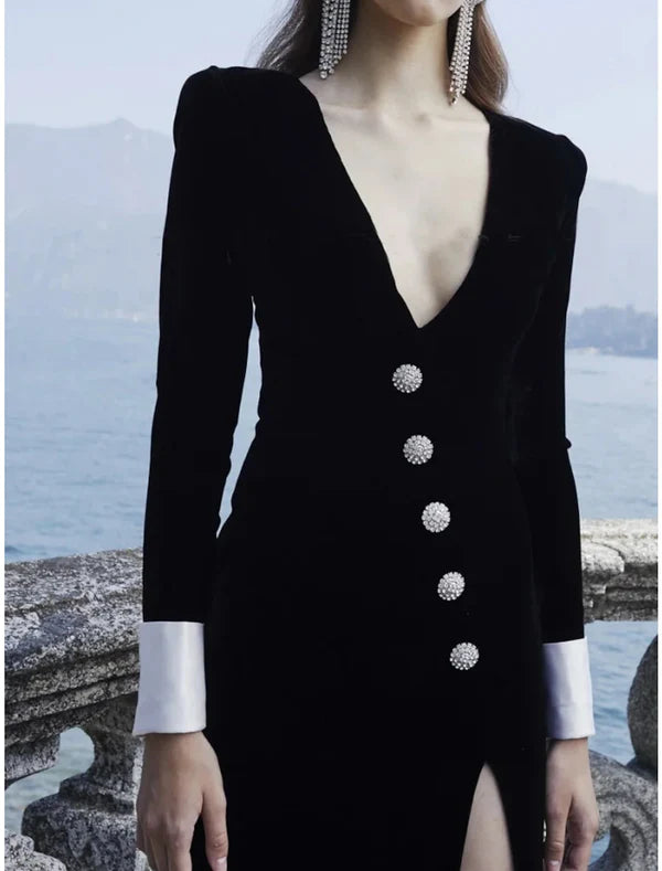 Evening Gown Formal Black Dress Floor Length Long Sleeve V Neck Velvet with Buttons Split