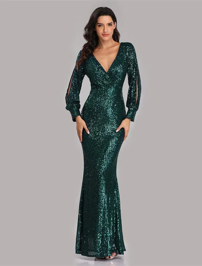 Sheath Mermaid V Neck  Evening Gown Sleek Glitter Sparking Sequins  Floor Length Long Sleeve  Party Dress  Prom Dress