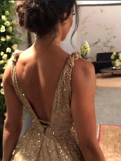 A-Line Prom Dresses Glittering Dress Evening Party Sweep / Brush Train Sleeveless Spaghetti Strap Stretch Satin Backless with Rhinestone