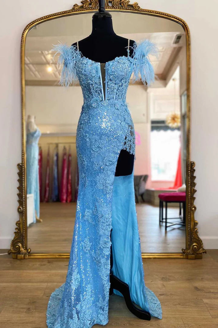 Sequin Appliques Cold-Shoulder Long Prom Gown with Slit