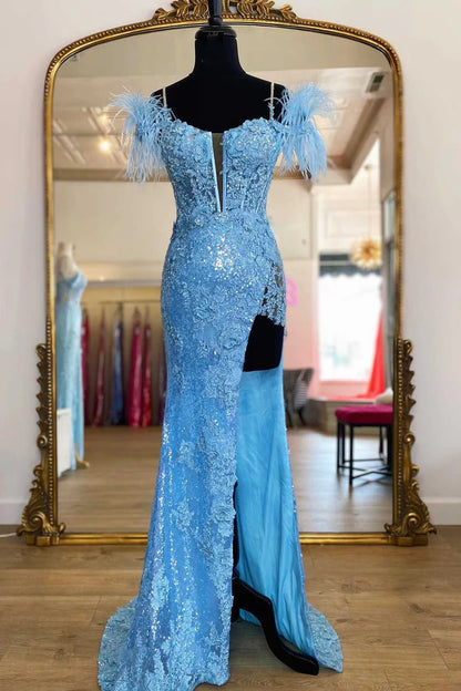 Sequin Appliques Cold-Shoulder Long Prom Gown with Slit