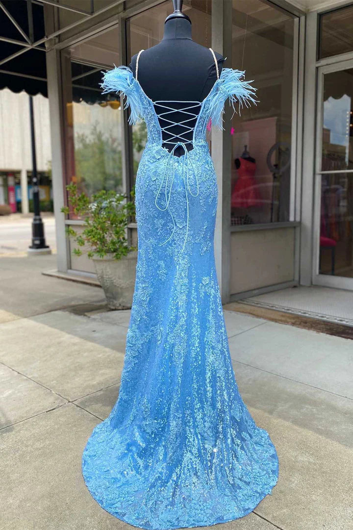 Sequin Appliques Cold-Shoulder Long Prom Gown with Slit