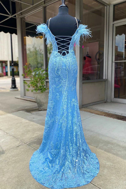 Sequin Appliques Cold-Shoulder Long Prom Gown with Slit