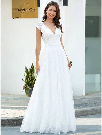 Beach Wedding Dresses A-Line V Neck Cap Sleeve Floor Length Lace Bridal Gowns With Lace Bridal Dresses