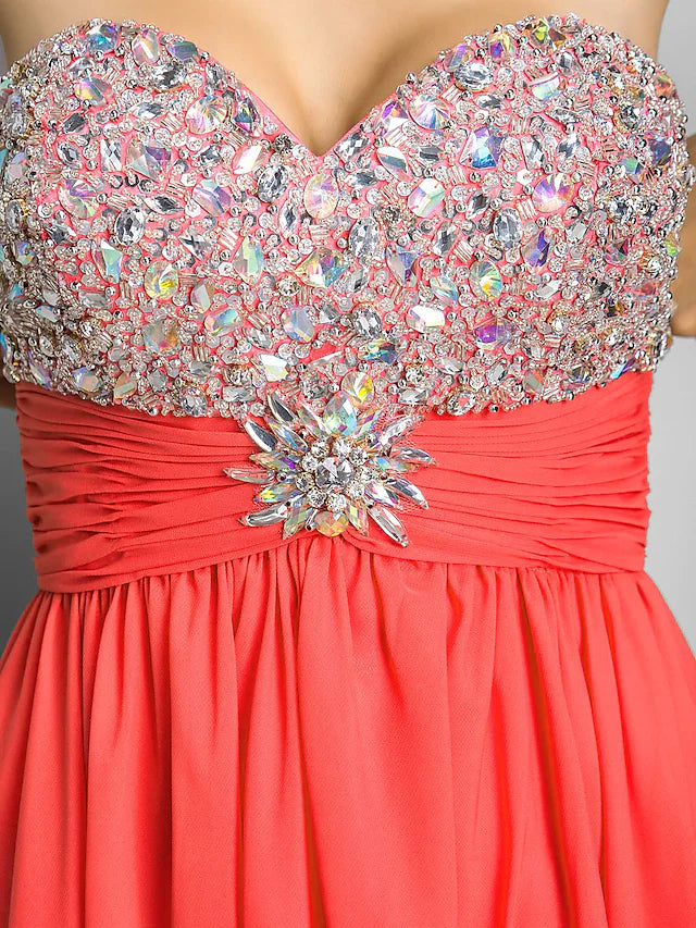 A-Line Cute Dress Wedding Guest Short / Mini Sleeveless Sweetheart Chiffon with Ruched Crystals Beading