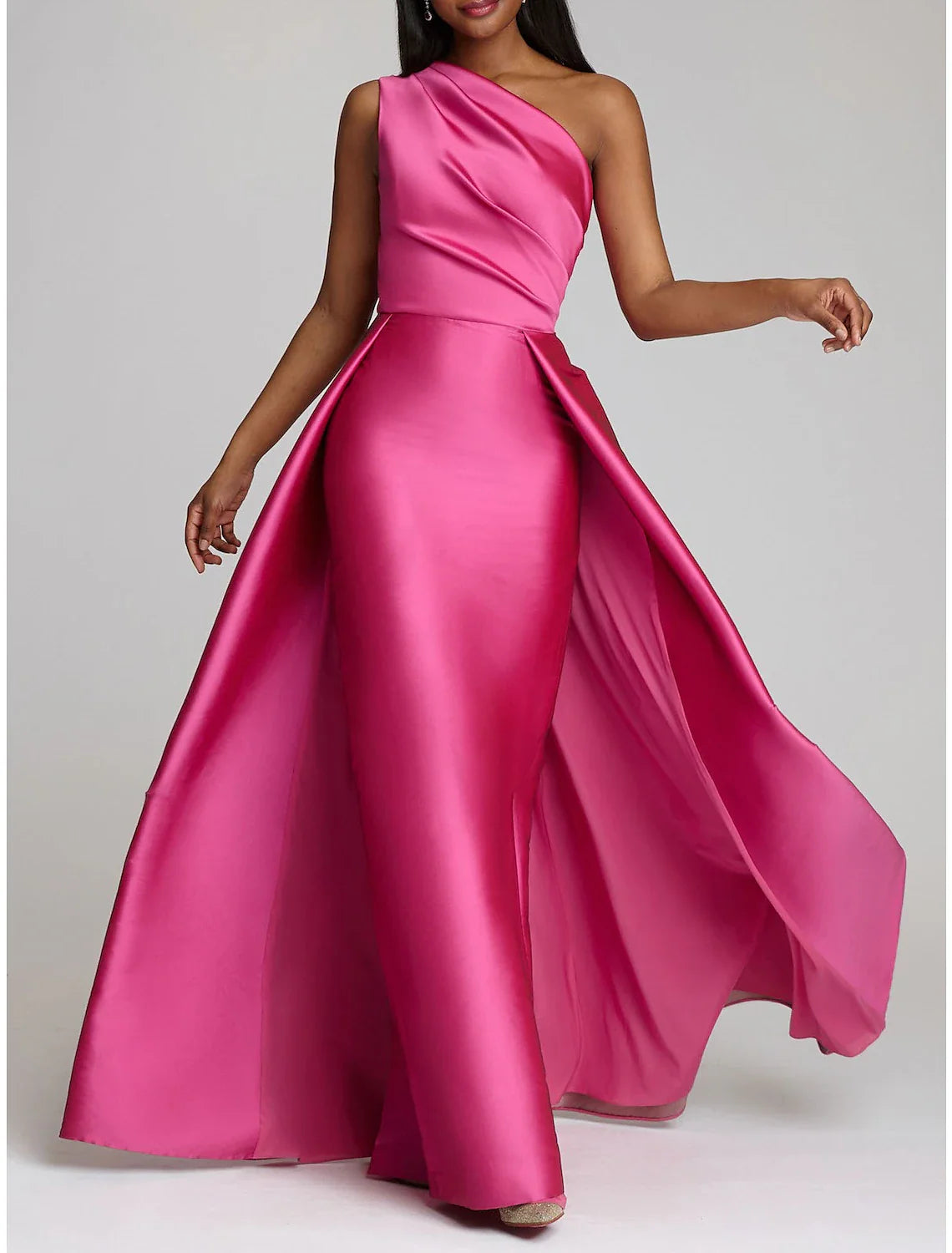 Sheath / Column Evening Gown Luxurious Dress Wedding Guest Floor Length Sleeveless One Shoulder Satin with Overskirt Pure Color
