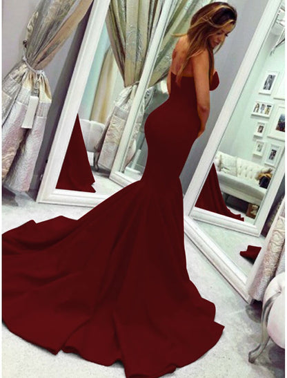 Sheath Mermaid Sleeveless Party Dress Sexy  Dress Strapless  Court Train Stretch Fabric with Pleats