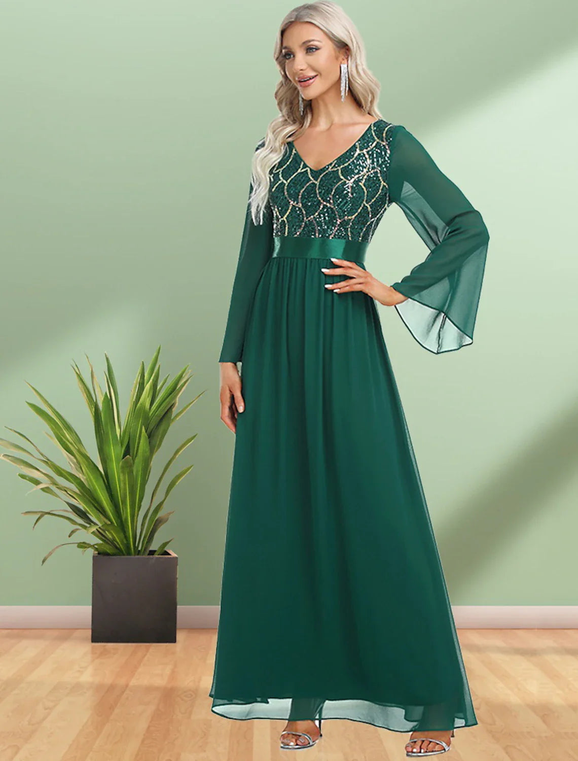 A-Line Evening Gown Elegant Dress Party Wear Floor Length Long Sleeve V Neck Chiffon with Sequin Ribbon