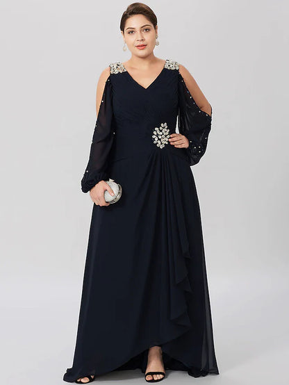 A-Line Mother of the Bride Dress Plus Size Elegant Jewel Neck Ankle Length Chiffon Half Sleeve with Ruffles Side-Draped