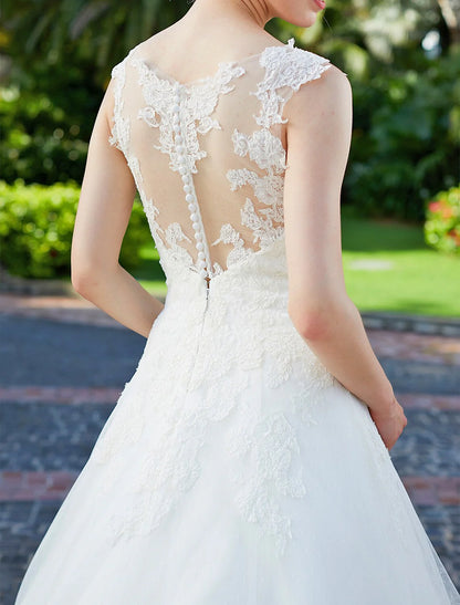 Ball Gown V Neck Regular Straps Floor Length Tulle Over Lace Bridal Gowns With Lace Appliques Wedding Dresses