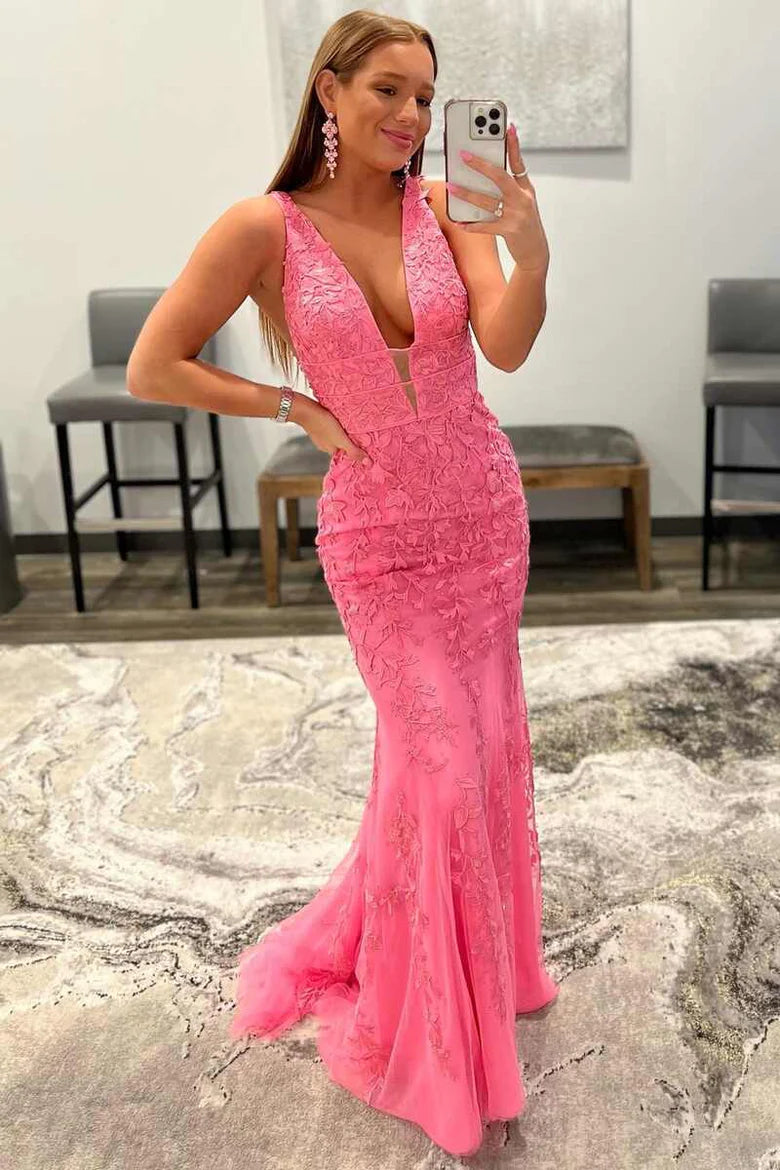 Plunge  Embroidered Mermaid Long Prom Dress