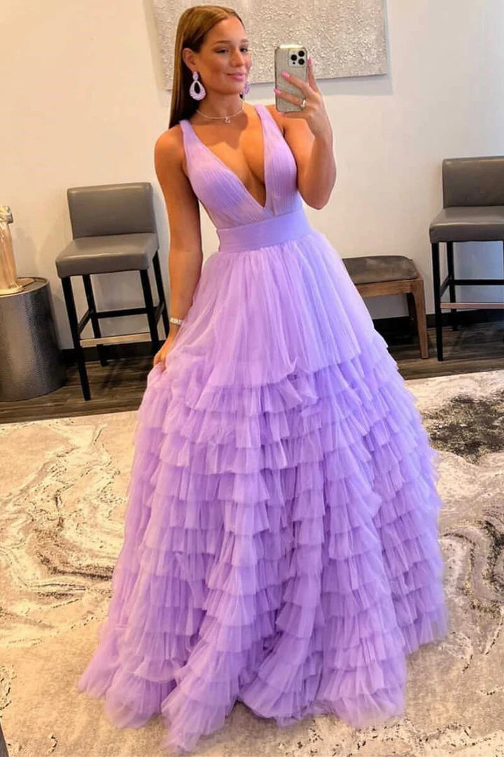 Multi-Tiered  Plunge Neck A-Line Long Prom Dress