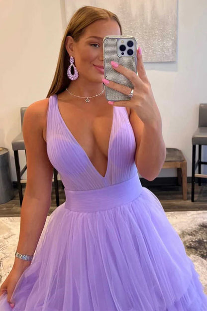 Multi-Tiered  Plunge Neck A-Line Long Prom Dress
