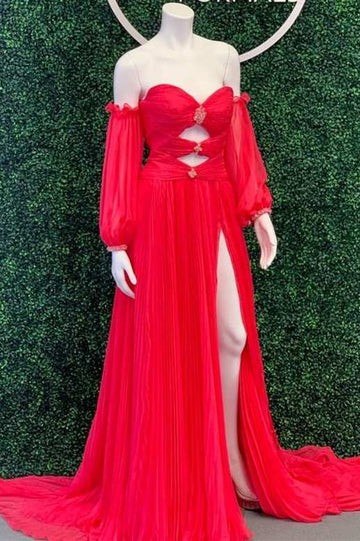 Beaded Strapless Cutout Long Prom Dress with Balloon Sleeves