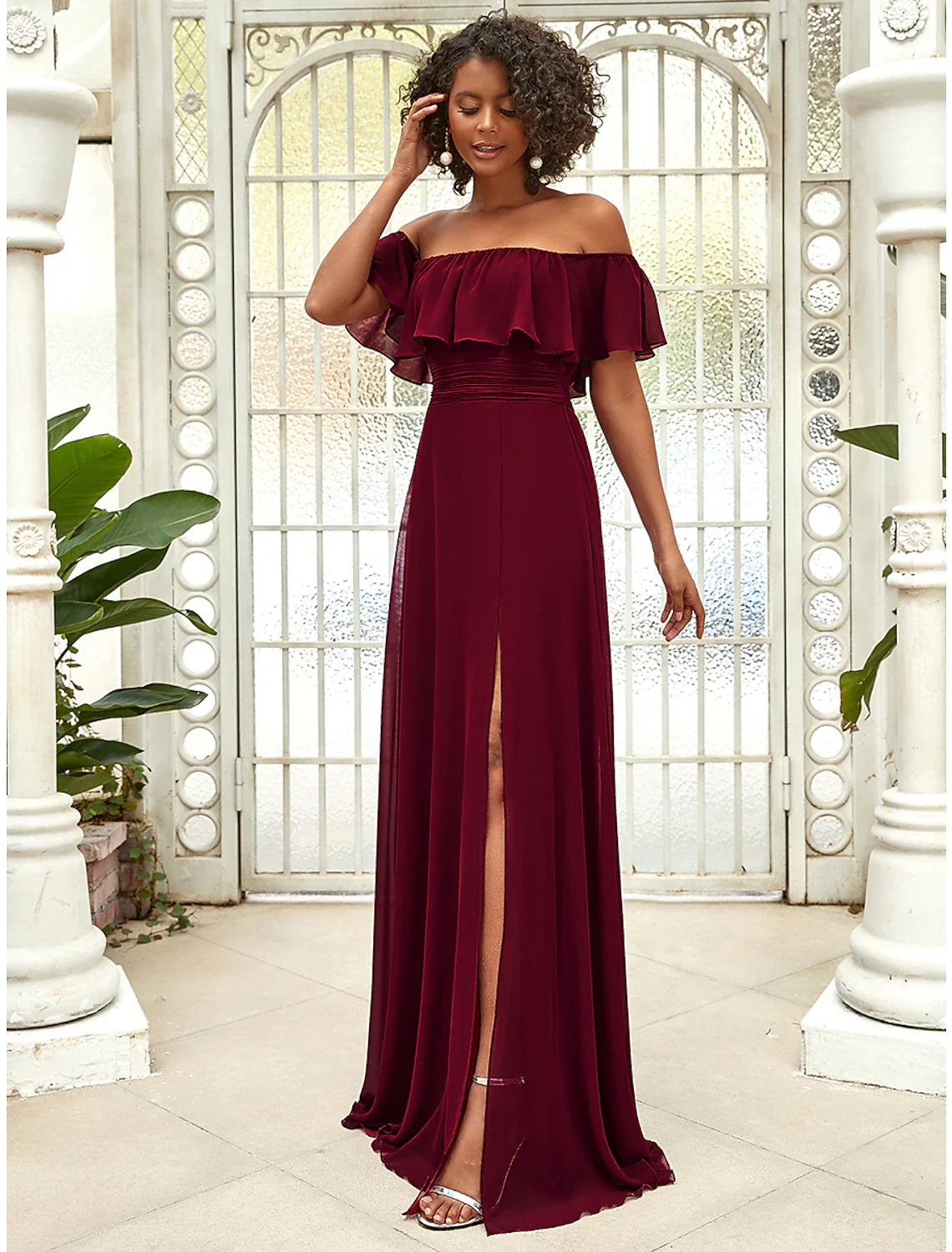 A-Line Bridesmaid Dress Off Shoulder Sleeveless Elegant Floor Length Chiffon with Ruffles / Draping Slit Front