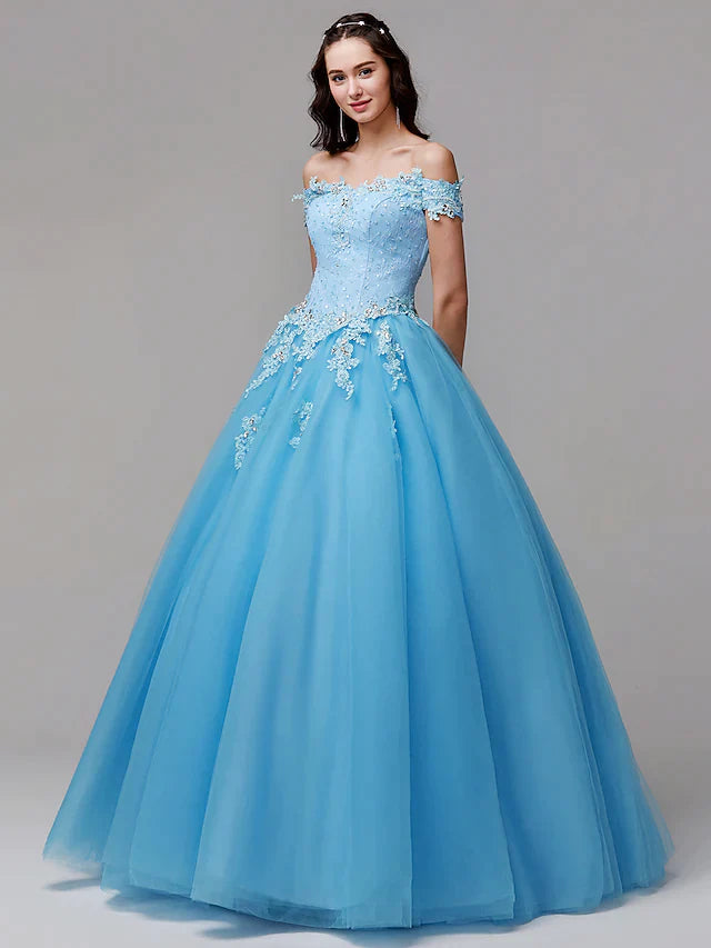 Ball Gown Vintage Inspired Dress Formal Evening Floor Length Sleeveless Off Shoulder Lace with Crystals Appliques