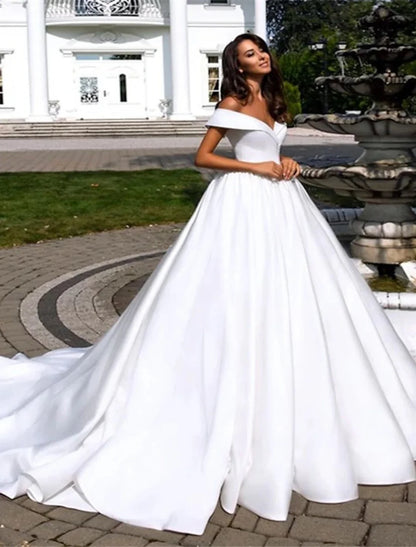 Formal Wedding Dresses Bridal Dresses Ball Gown Off Shoulder Cap Sleeve Chapel Train Satin Bridal Gowns With Pleats