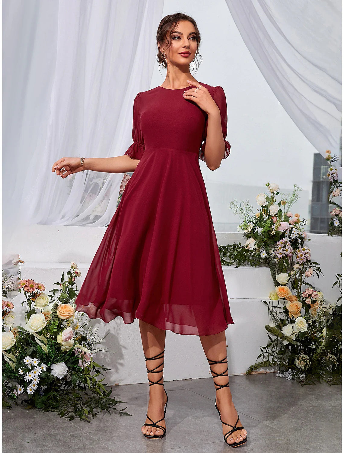 A-Line Wedding Guest Dresses Elegant Dress Knee Length Holiday Tea Length Half Sleeve&nbsp; Chiffon with Fringe