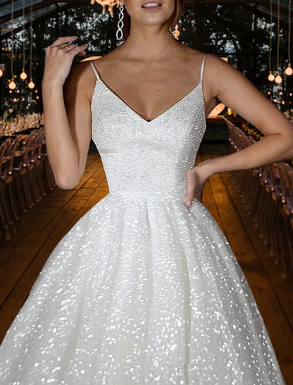 Hall Sparkle & Shine Casual Wedding Dresses A-Line Camisole V Neck Spaghetti Strap Sweep / Brush Train Sequined Bridal Gowns With Solid Color