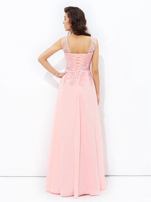 A-Line Prom Dresses Formal Floor Length Sleeveless Jewel Neck Chiffon with Appliques