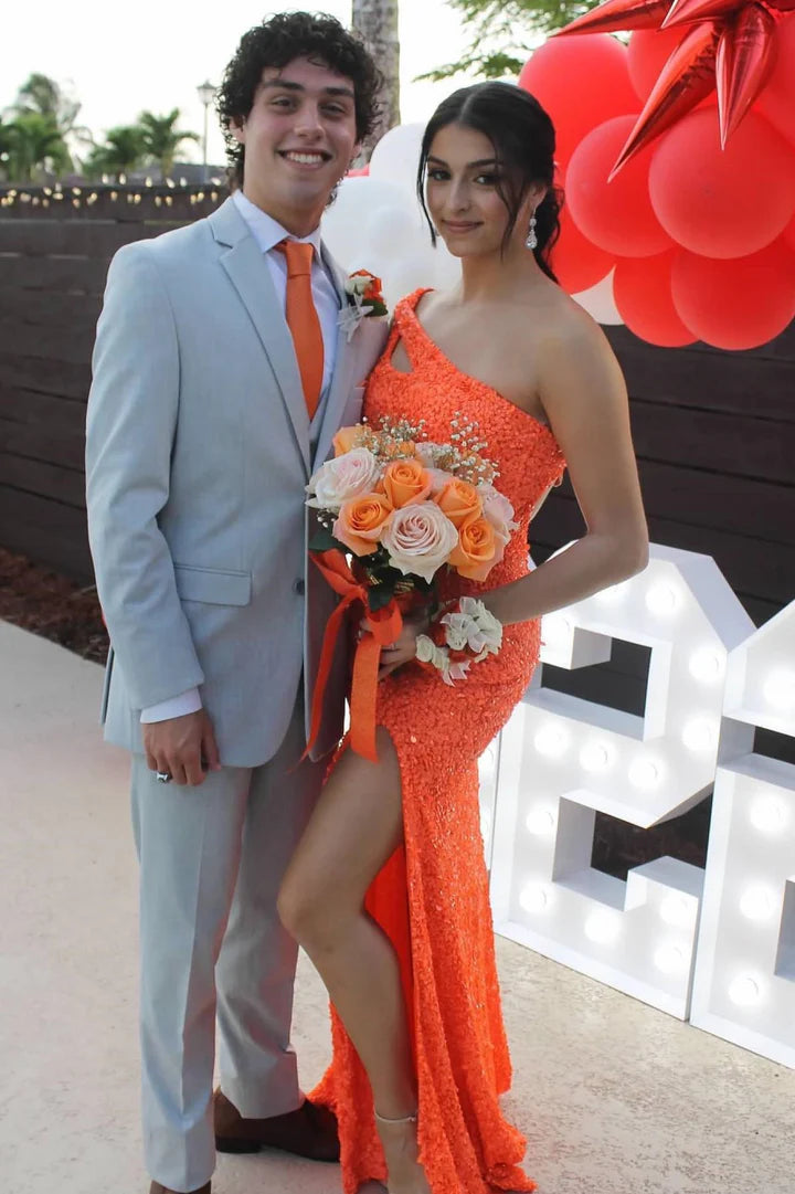 Sequin One-Shoulder Cutout Backless Mermaid Long Prom Dress