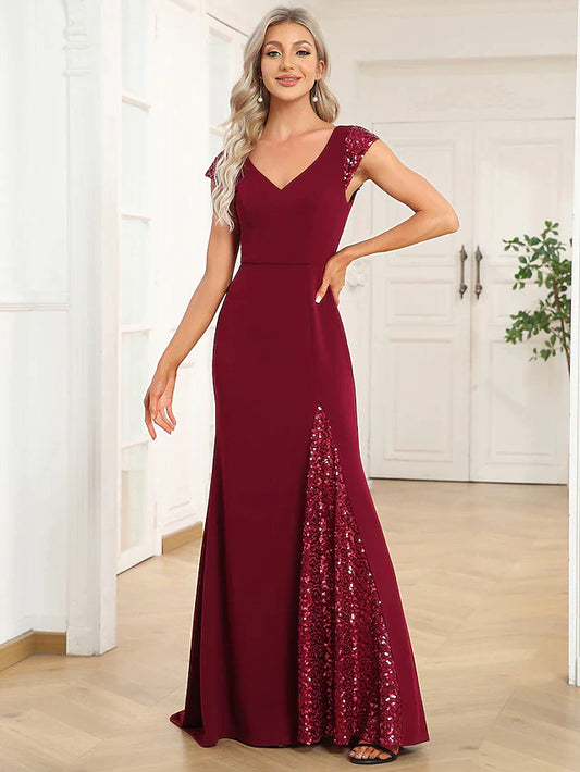 Mermaid / Trumpet Evening Gown Vintage Dress Party Wear Floor Length Short Sleeve V Neck Sequined with Pleats Sequin