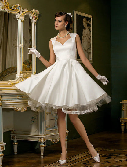 A-Line Sweetheart Cap Sleeve Knee Length Satin Bridal Gowns With Lace Button Little White Dresses Wedding Dresses