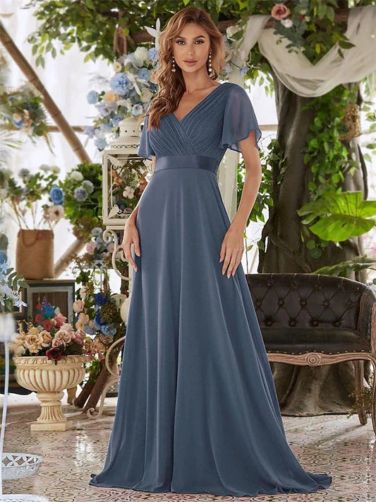 A-Line Evening Gown Empire Dress Wedding Guest Floor Length Short Sleeve V Neck Chiffon V Back with Ruffles Pure Color
