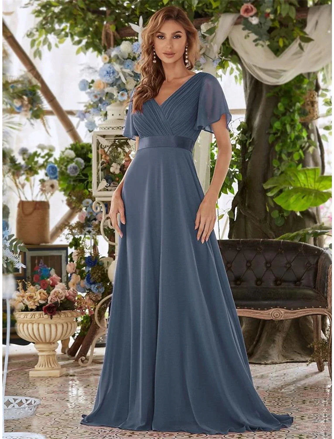 A-Line Evening Gown Empire Dress Wedding Guest Formal Evening Floor Length Short Sleeve V Neck Bridesmaid Dress Chiffon V Back with Ruffles Solid Color