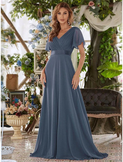 A-Line Evening Gown Empire Dress Wedding Guest Formal Evening Floor Length Short Sleeve V Neck Bridesmaid Dress Chiffon V Back with Ruffles Solid Color