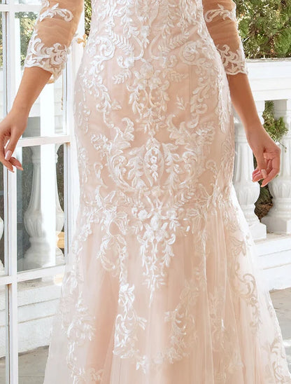 Engagement Wedding Dresses Bridal Dresses Mermaid / Trumpet Sweetheart Long Sleeve Sweep / Brush Train Lace Bridal Gowns With Appliques Summer Wedding Party