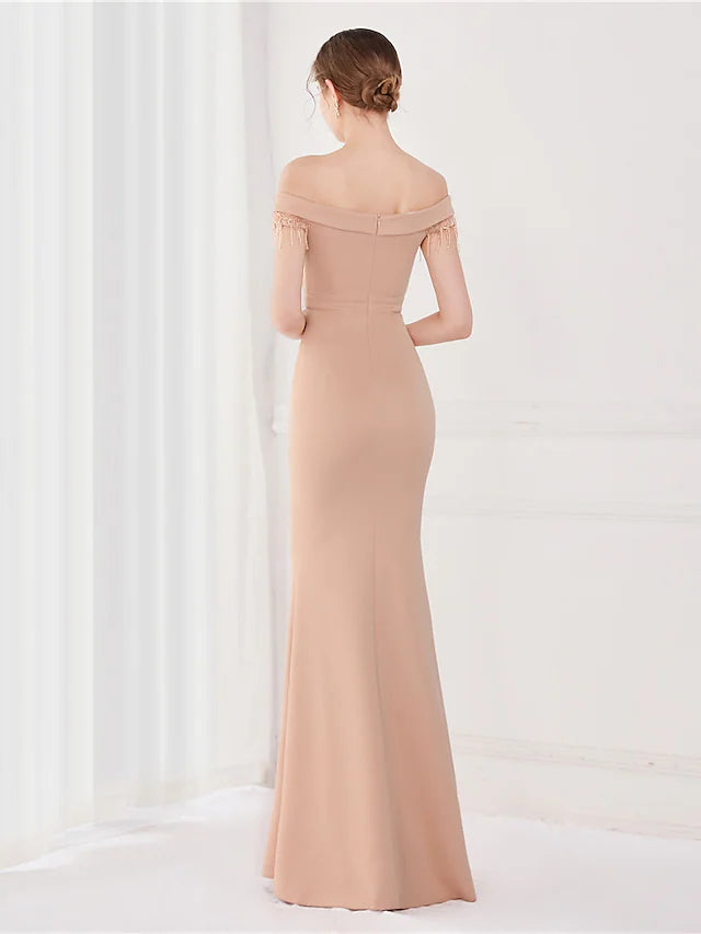 Mermaid / Trumpet Elegant Sexy Wedding Guest Formal Evening Dress Off Shoulder V Back Short Sleeve Floor Length Satin with Tassel