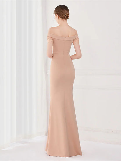 Mermaid / Trumpet Elegant Sexy Wedding Guest Formal Evening Dress Off Shoulder V Back Short Sleeve Floor Length Satin with Tassel