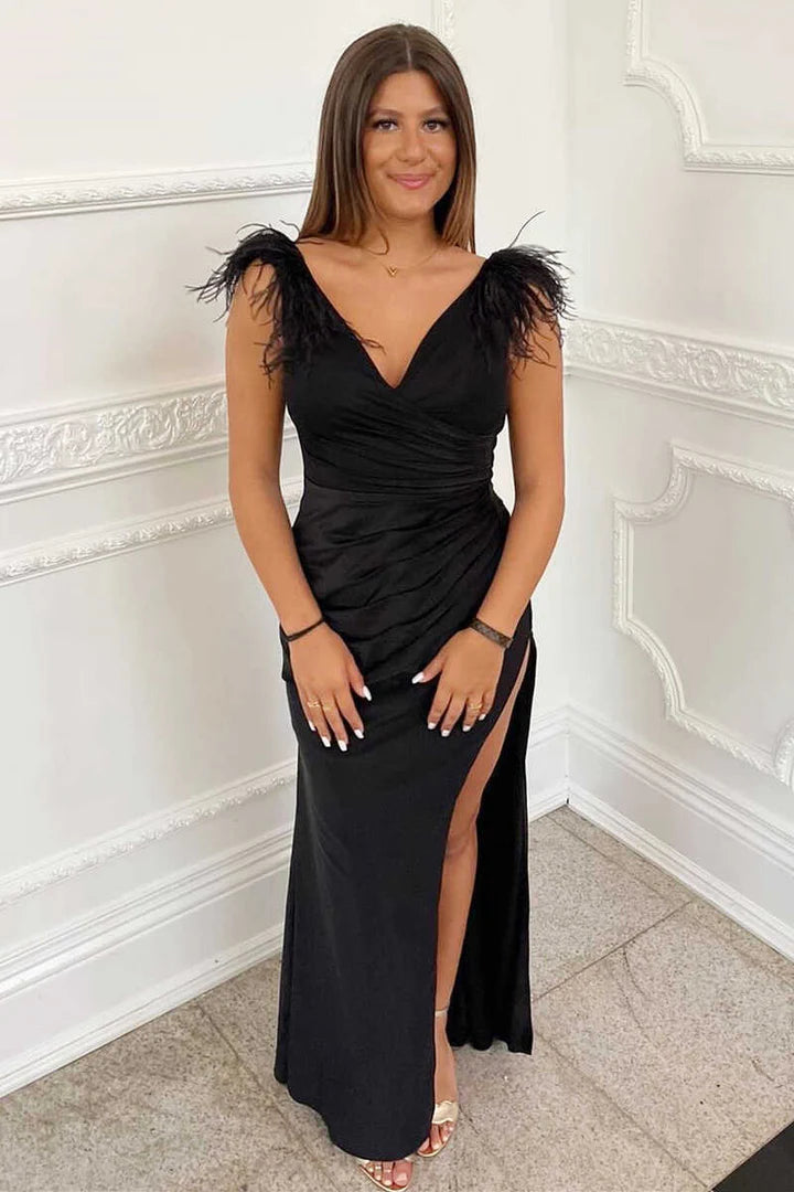 Feather V-Neck Long Prom Dress with Slit