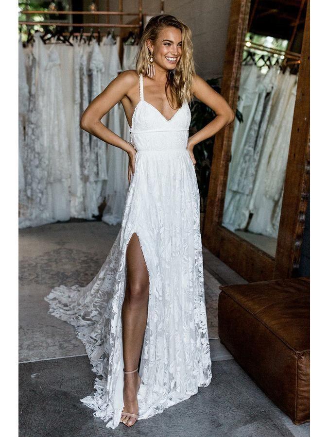A-Line Straps Backless Court Train Lace Beach Wedding Dres