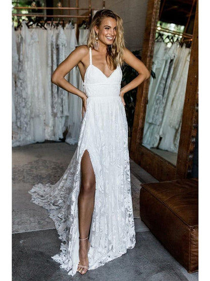 A-Line Straps Backless Court Train Lace Beach Wedding Dres