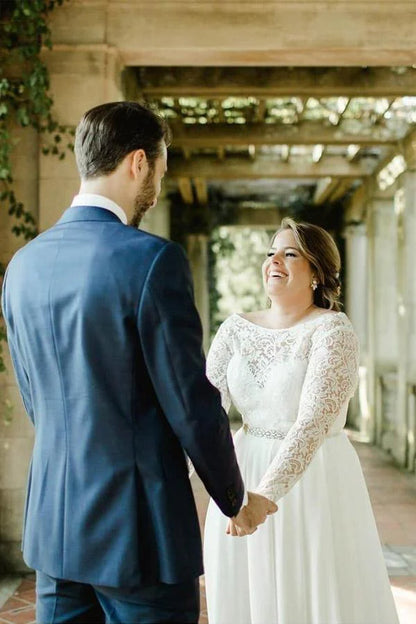 Lace Top Chiffon Plus Size Wedding Dresses with Long Sleeves