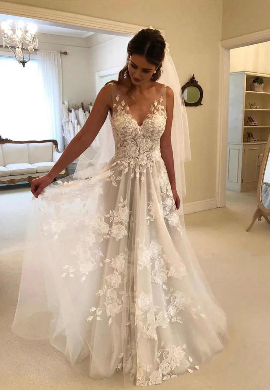A-Line White V-Neck Lace  Tulle Applique Sleeveless Court Train Formal Evening Dress